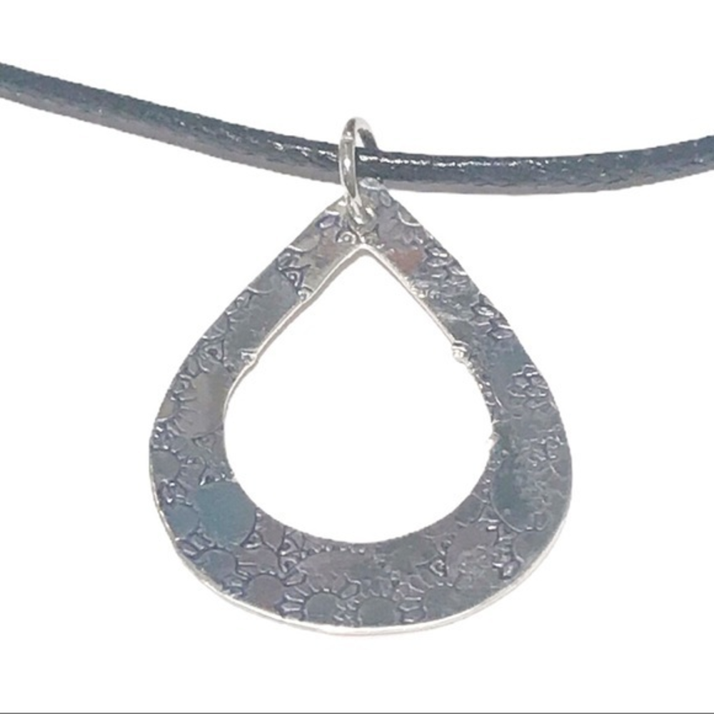 Handmade stamped silver sunflower teardrop adjustable black‎ leather necklace